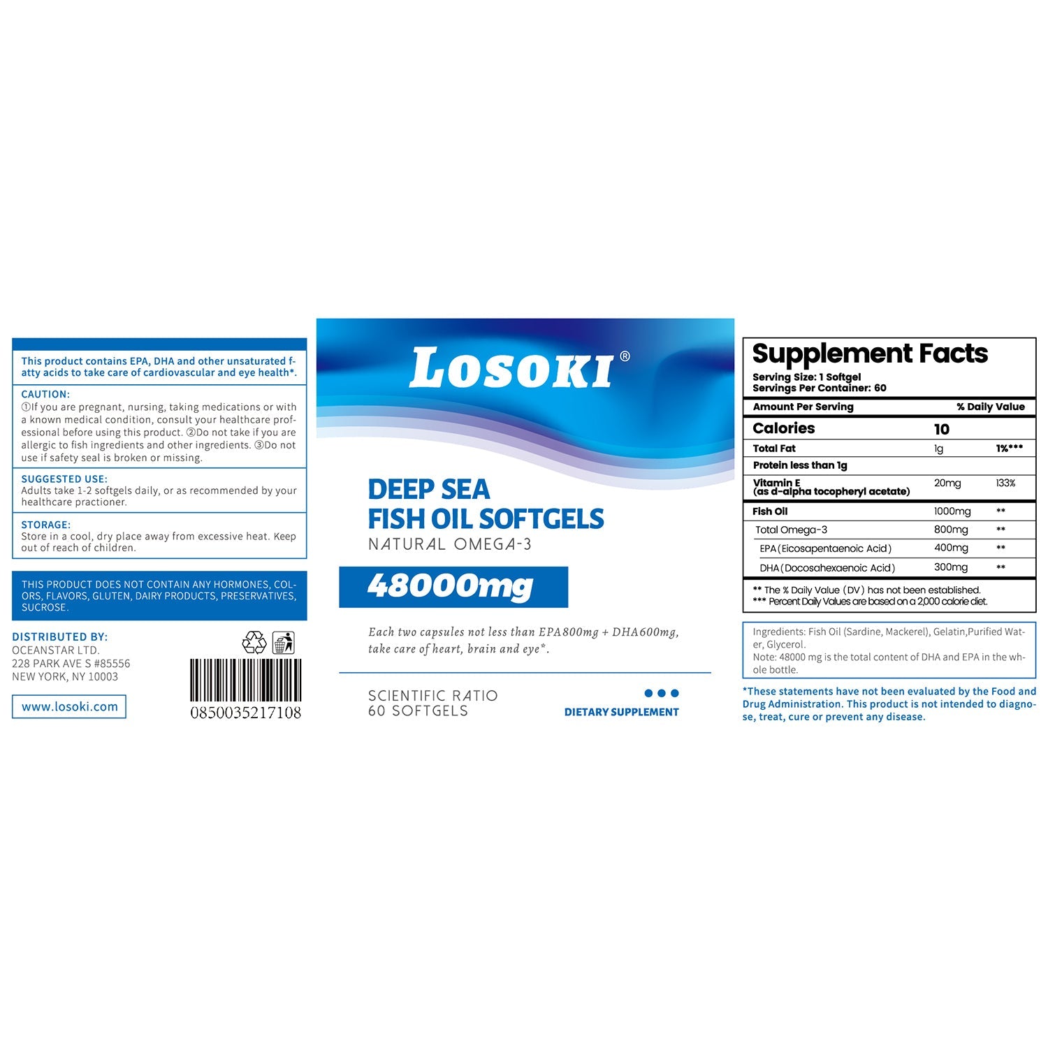 LOSOKI Deep-Sea Fish Oil Softgels 48000mg Dietary Supplement - myernk